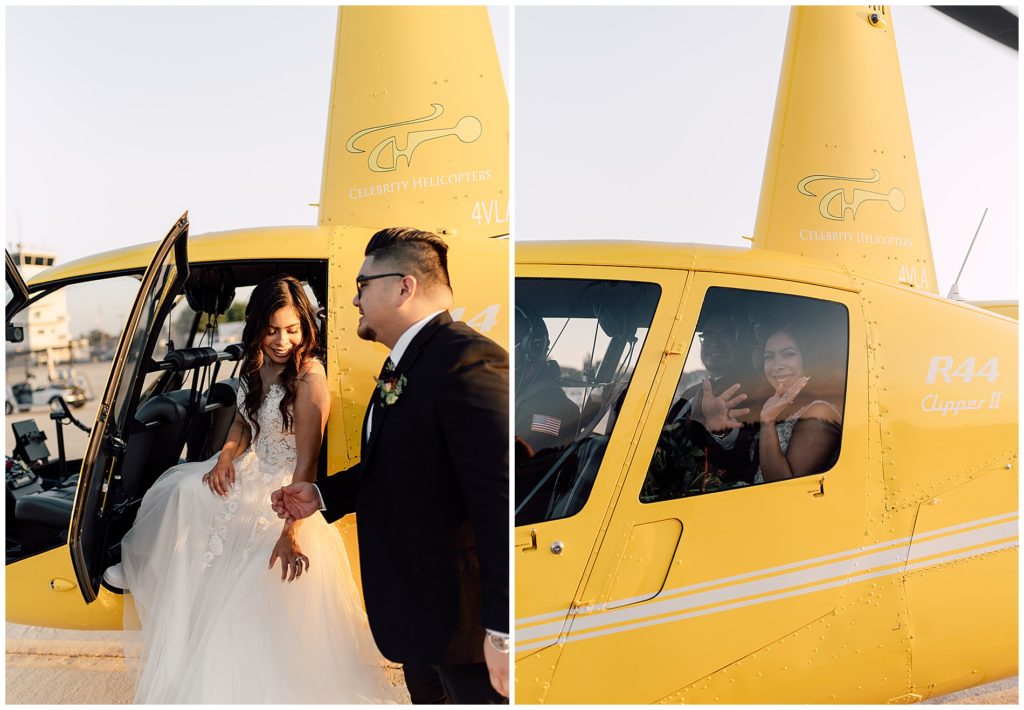 bride and groom taking wedding portraits in yellow helicopter