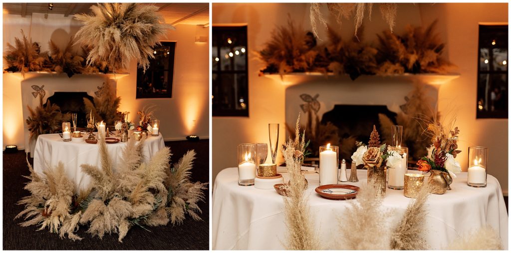 bride and groom sweetheart table with pampas grass