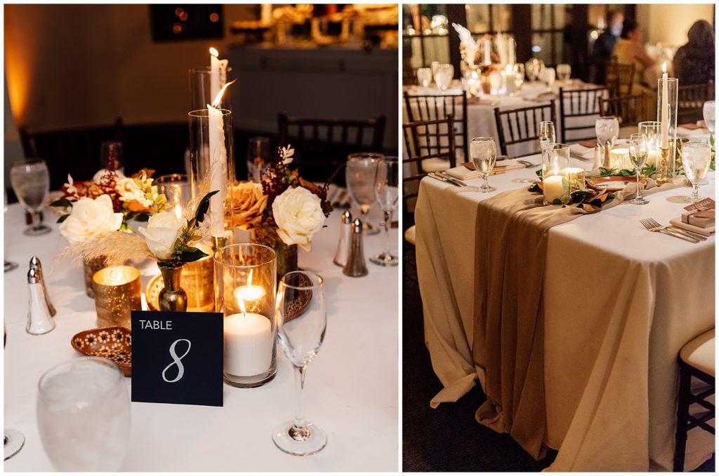 wedding reception tables with candles and boho florals