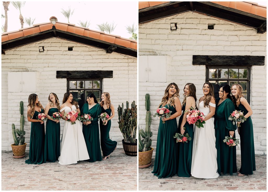bride and bridesmaids holding pink, blush, and coral wedding bouquets with coral charm peonies and eucalyptus. bridesmaids wearing long emerald green dresses