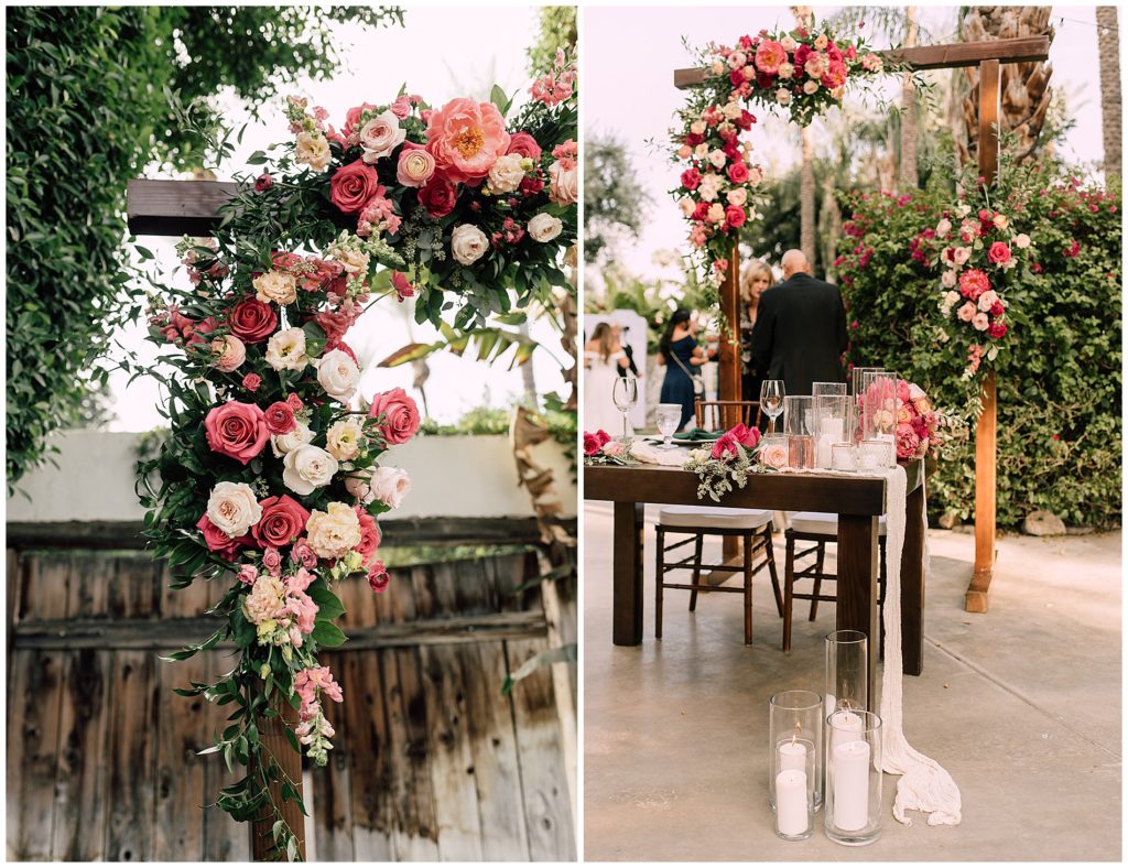 pink, blush and coral floral arrangement on ceremony arch 