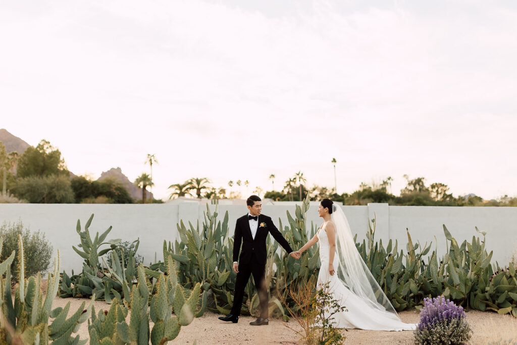 Bride and Groom walking in desert hand-in-hand at Andaz hotel in Scottsdale, Arizona