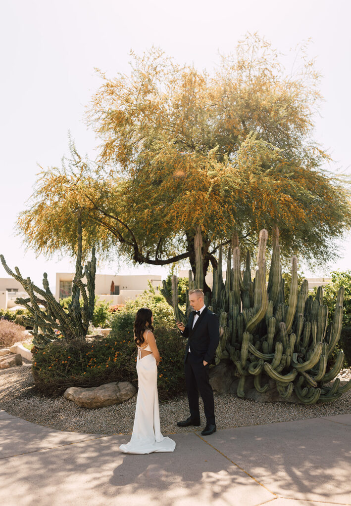 Bride and Groom  standing in front of cactus while the Grooms read his vows to the bride at the Camelback Inn in Scottsdale, California 